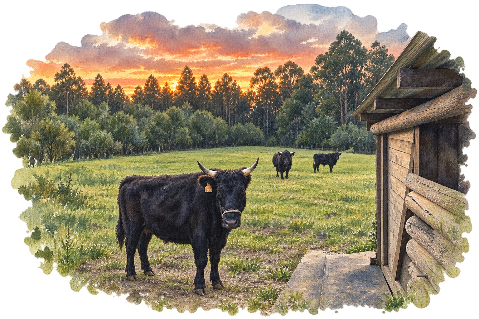 Tres vacas negras de Lamacido junto al cobertizo, en una pradera al atardecer, ilustradas en acuarela.