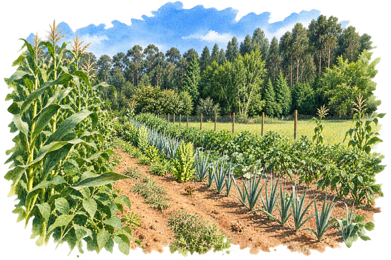 Acuarela de la huerta de Lamacido, con hileras de cultivos, caminos de tierra y bosque.