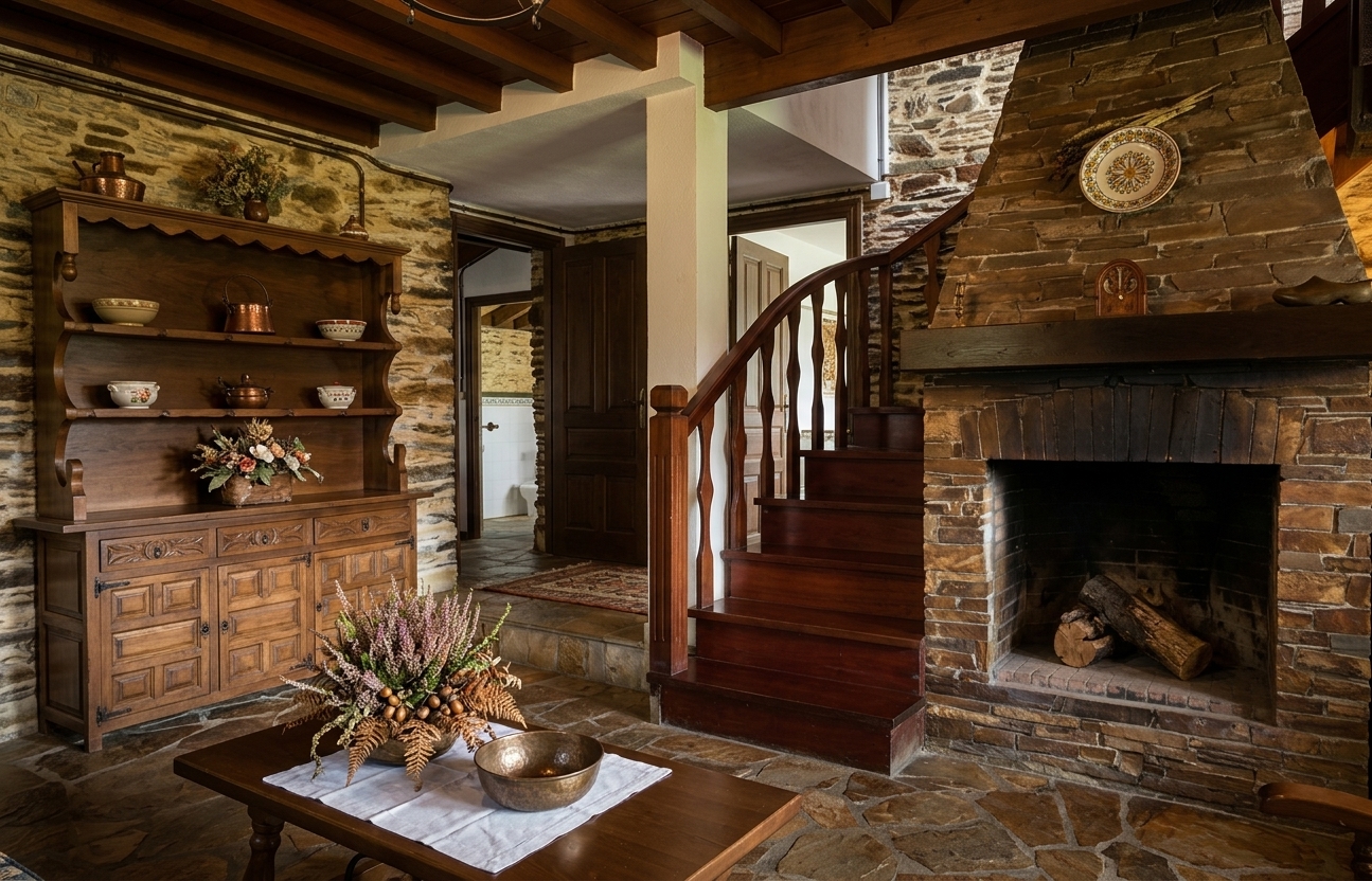 Casa completa: chimenea, aparador y escalera de madera.