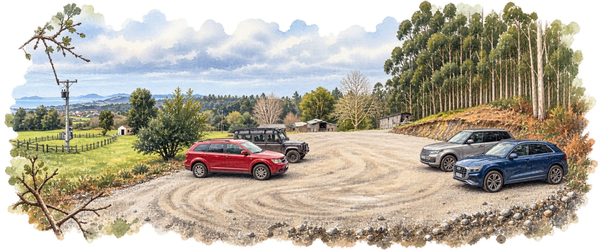 Acuarela del aparcamiento 2: explanada de grava con cuatro coches, bosque a la derecha y praderas a la izquierda.