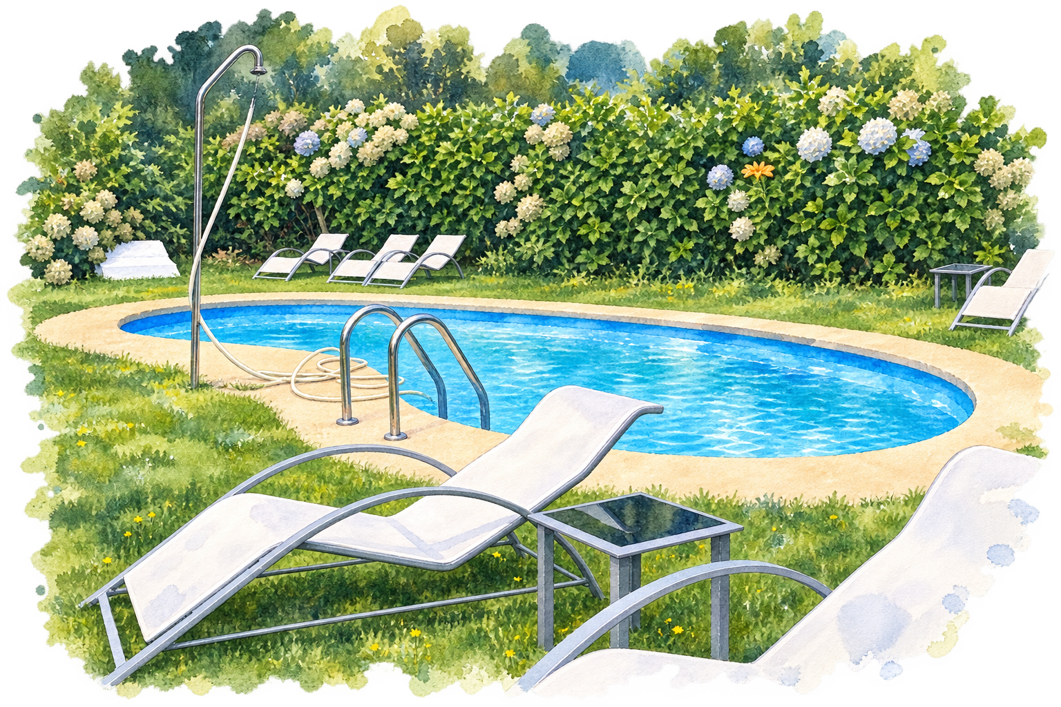 Acuarela de la piscina de Lamacido con sus hamacas, ducha y jardín
