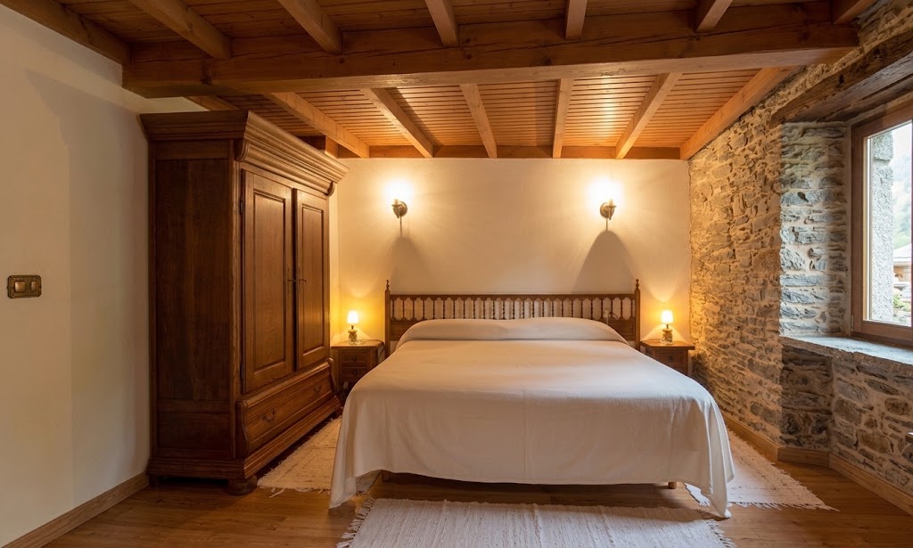 La Loureiro: cama doble, armario y ventana entre muros de piedra y vigas de madera.