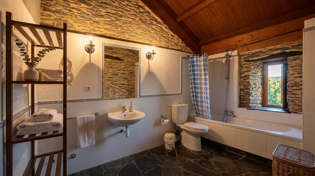 La Maceira: baño con bañera, ventana, lavabo y estantería de toallas.